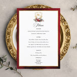 Classic Christmas Floral Crest Monogram Wedding Menu<br><div class="desc">Timeless and elegant yet festive holiday-themed wedding menu design featuring classic hand-drawn gold floral crest accented by a colourful spray of red and white Christmas flowers and evergreens. This custom formal template includes editable text fields for your menu choices as well as custom calligraphy text graphics and a gold textured...</div>