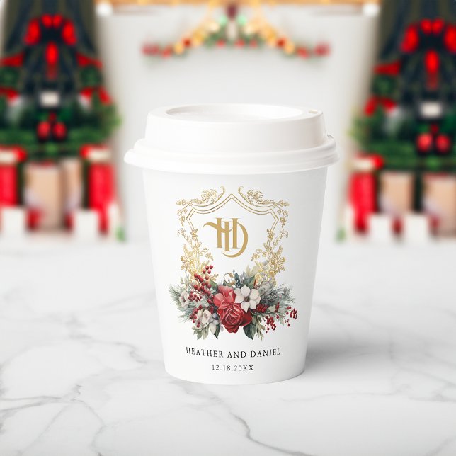 Classic Christmas Floral Crest Monogram Wedding Paper Cups (Creator Uploaded)