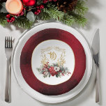 Classic Christmas Floral Crest Monogram Wedding Paper Plate<br><div class="desc">Timeless and elegant yet festive holiday-themed wedding design featuring classic hand-drawn gold floral crest accented by a colourful spray of red and white Christmas flowers and evergreens. This custom formal template includes editable text fields as well as a custom round label with gold textured border. The outside border features an...</div>