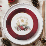 Classic Christmas Floral Crest Monogram Wedding Paper Plate<br><div class="desc">Timeless and elegant yet festive holiday-themed wedding design featuring classic hand-drawn gold floral crest accented by a colourful spray of red and white Christmas flowers and evergreens. This custom formal template includes editable text fields as well as a custom round label with gold textured border. The outside border features an...</div>
