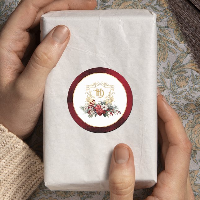 Classic Christmas Floral Crest Monogram Wedding Round Sticker (Creator Uploaded)
