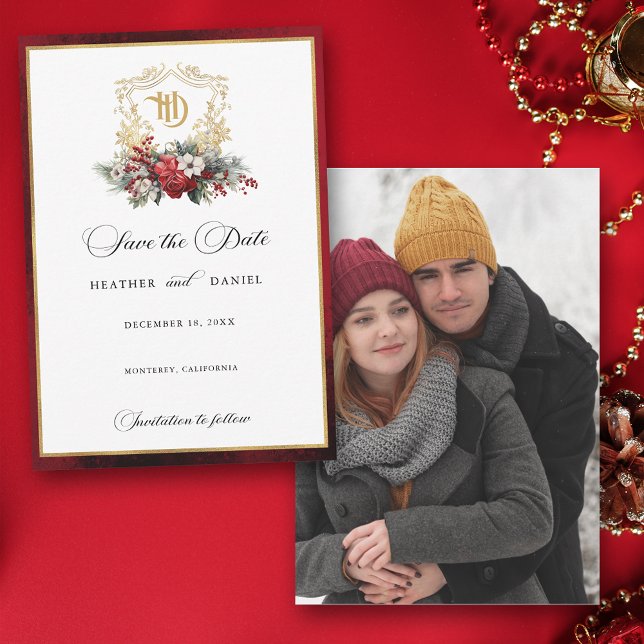 Classic Christmas Floral Crest Monogram Wedding Save The Date (Creator Uploaded)