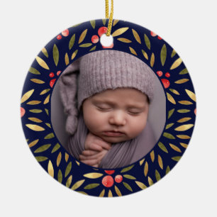 Classic Christmas Floral Frame Babys 1st Christmas Ceramic Tree Decoration