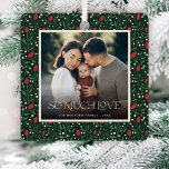 Classic Christmas Floral Frame Photo Metal Tree Decoration<br><div class="desc">This beautiful Christmas photo ornament features a hand drawn floral and greenery pattern in classic, traditional Christmas colours of red, green, and ivory over a dark green background. An ivory coloured frame allows your photo to stand out against the background. Classic decor that fits any home, whether your look is...</div>