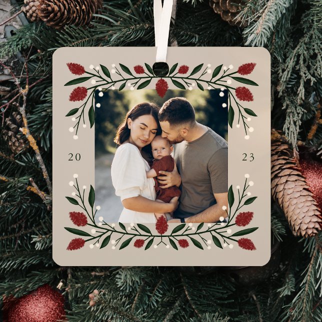 Classic Christmas Floral Frame Photo Metal Tree Decoration (Creator Uploaded)