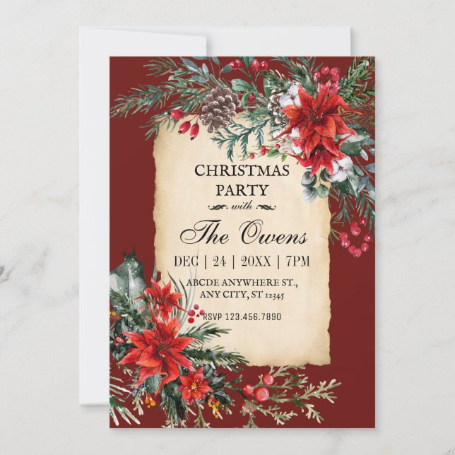 Classic christmas floral party  invitation (Front)
