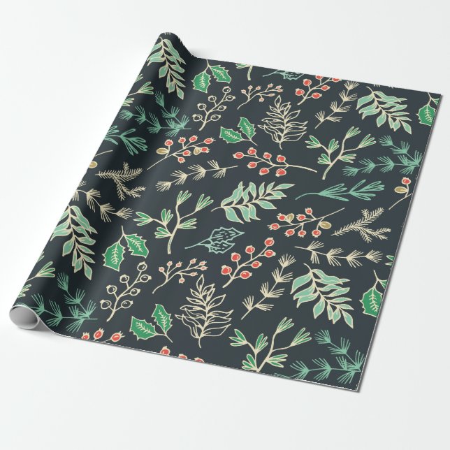Classic Christmas Floral Pattern Wrapping Paper (Unrolled)