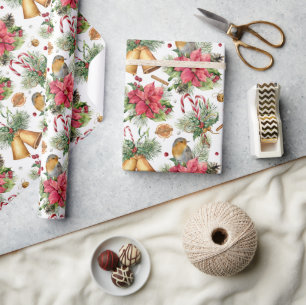 Classic Christmas Gold Bells & Birds Pattern Wrapping Paper
