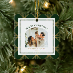 Classic Christmas Green and Gold Photo Ceramic Ornament