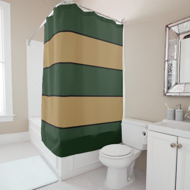 Classic Christmas Green And Gold Stripes Shower Curtain (In Situ)