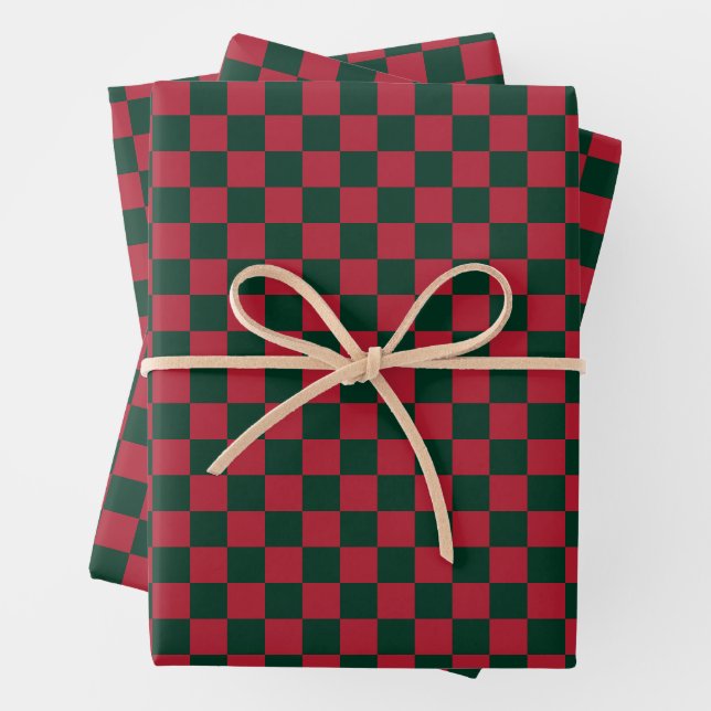 Classic Christmas Green and Red Chequerboard Wrapping Paper Sheet (In situ)