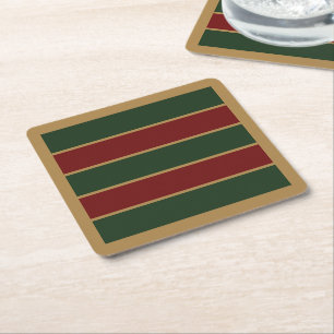 Classic Christmas Green And Red With Gold Trim Square Paper Coaster