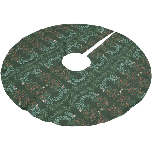 Classic Christmas Green Botanical Holiday Brushed Polyester Tree Skirt (Angled)
