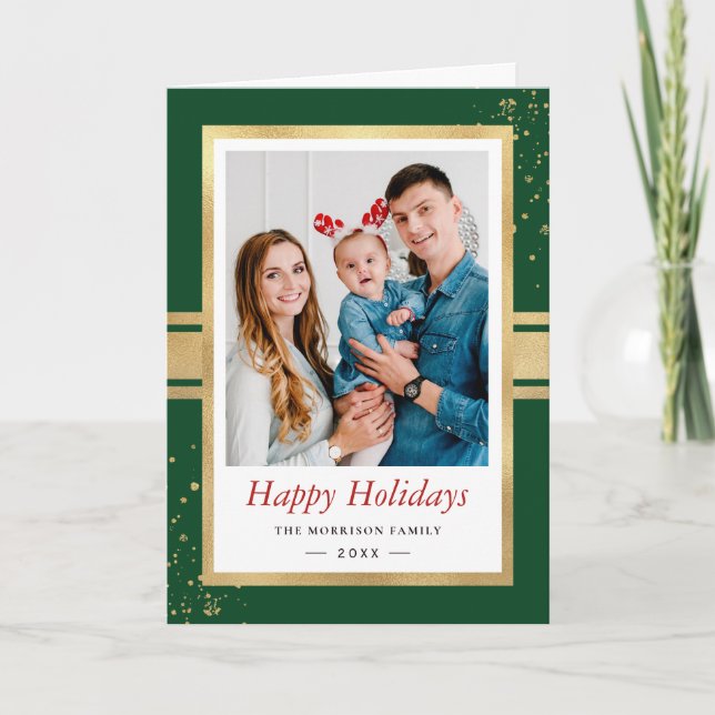 Classic Christmas Green Faux Gold Foil Frame Photo Holiday Card (Front)