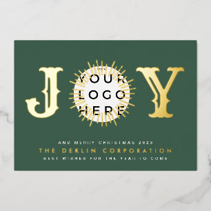 Classic Christmas Green GOLD JOY Business LOGO  Foil Holiday Card