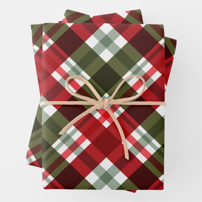 Classic Christmas Green, Red White Plaid  Wrapping Paper Sheet (In situ)