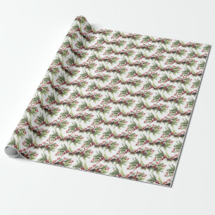 Classic Christmas greenery and holly berries  Wrapping Paper
