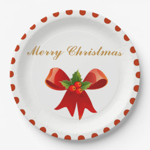 Classic Christmas Holly Berry Bow Gold Red Dot Paper Plate