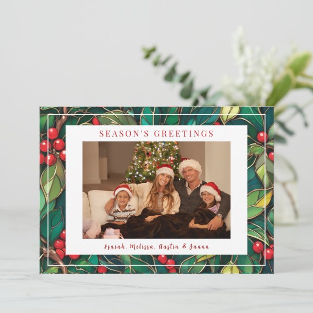 Classic Christmas Holly Flat Holiday Card (Standing Front)