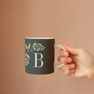 Classic Christmas Holly & Mistletoe Monogram Coffee Mug