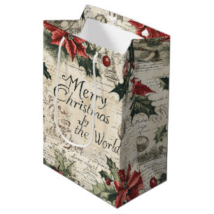 Classic Christmas Holly Ornament Vintage Style Medium Gift Bag