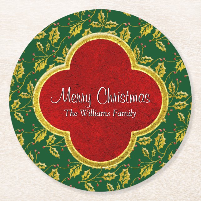 Classic Christmas Holly Personalise Round Paper Coaster (Front)
