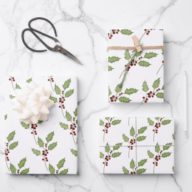 Classic Christmas Holly with Berries Wrapping Paper Sheet (Front)