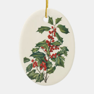 Classic Christmas Holly with Red Berries Art Ceramic Tree Decoration