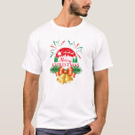 Classic Christmas Jingle Bells & Santa's Sleigh T-Shirt<br><div class="desc">This festive design is a complete holiday celebration, featuring two shining golden jingle bells and a big, beautiful red bow at the forefront. The background creates a magical scene with a silhouette of Santa's sleigh and reindeer flying across a festive red sky, all framed by cheerful red and green fireworks....</div>