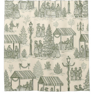 Classic Christmas Market Toile in Green and Cream Shower Curtain