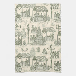 Classic Christmas Market Toile in Green and Cream Tea Towel