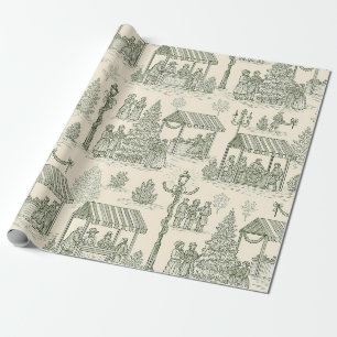 Classic Christmas Market Toile in Green and Cream Wrapping Paper