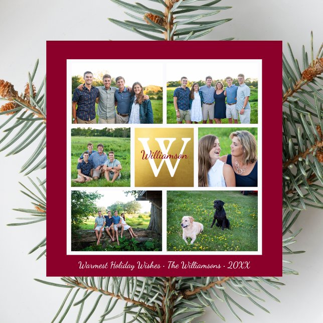 Classic Christmas Monogram Holiday Photo Collage Card (Creator Uploaded)
