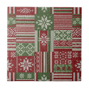Classic Christmas Patchwork Knit -Red, Green (2) Tile