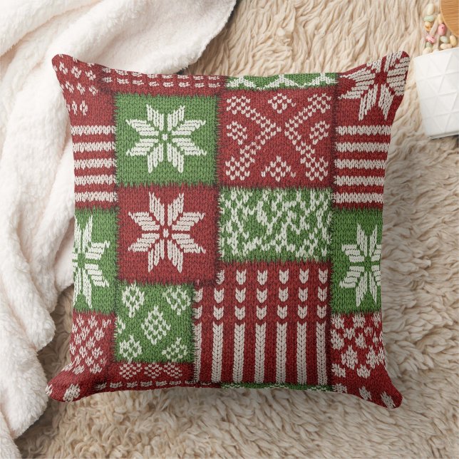 Classic Christmas Patchwork Knit -Red, Green Cushion (Blanket)