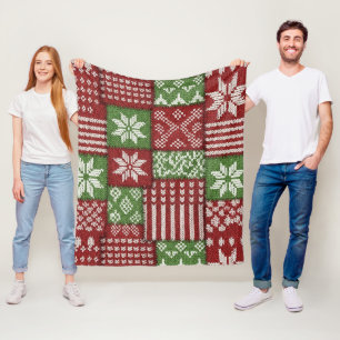 Classic Christmas Patchwork Knit -Red, Green Fleece Blanket
