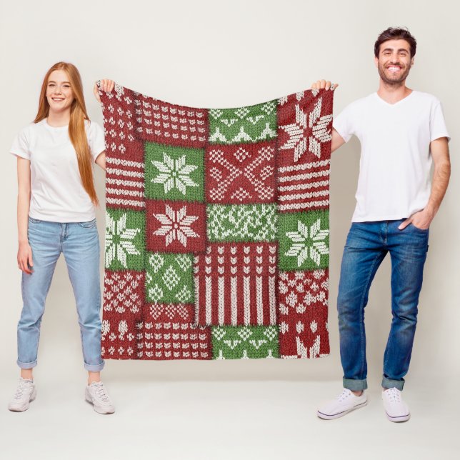 Classic Christmas Patchwork Knit -Red, Green Fleece Blanket (In Situ)