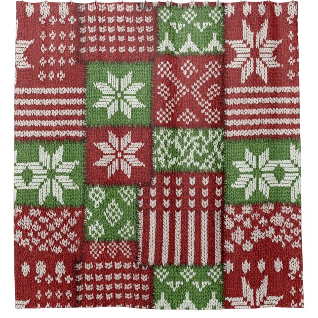 Classic Christmas Patchwork Knit -Red, Green Shower Curtain (Front)