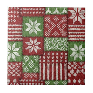 Classic Christmas Patchwork Knit -Red, Green Tile