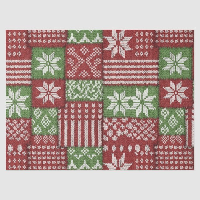 Classic Christmas Patchwork Knit -Red, Green Tissue Paper (Front)