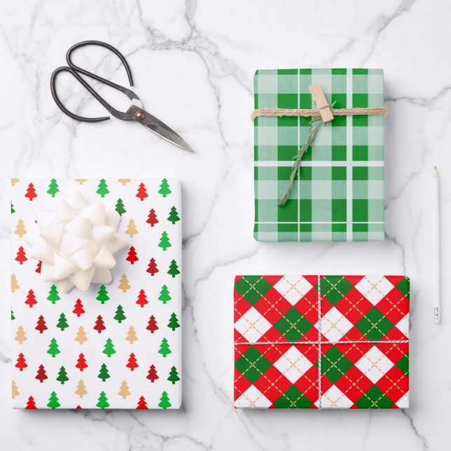 Classic Christmas Patterns Red and Green Wrapping Paper Sheet (Front)