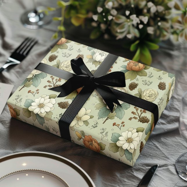 Classic Christmas Peach and Sage Green Floral Gift Wrapping Paper Sheet (Creator Uploaded)