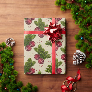 Classic Christmas Pine Branches & Red Ornaments Wrapping Paper