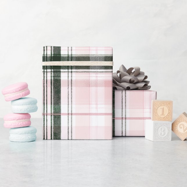 Classic Christmas pink and green Plaid Wrapping Paper (Baby Shower)