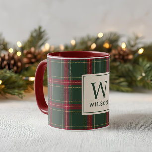 Classic Christmas Plaid Family Name Monogram Mug
