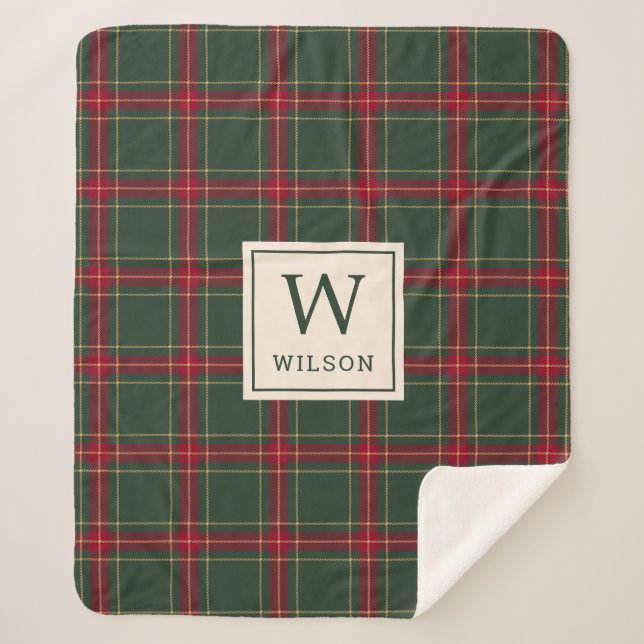 Classic Christmas Plaid Family Name Monogram Sherpa Blanket (Front)