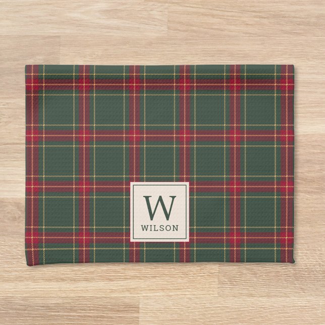 Classic Christmas Plaid Family Name Monogram Tea Towel (Creator Uploaded)