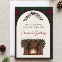 Classic Christmas Plaid Fireplace Holiday Card