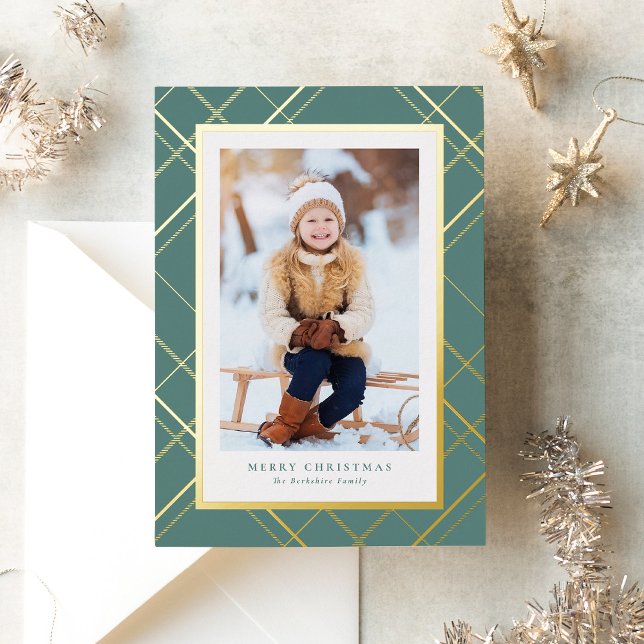 Classic Christmas plaid green one photo elegant Foil Holiday Card (Creator Uploaded)