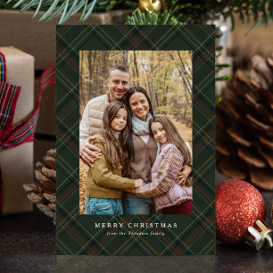 Classic Christmas plaid hunter green simple photo Holiday Card